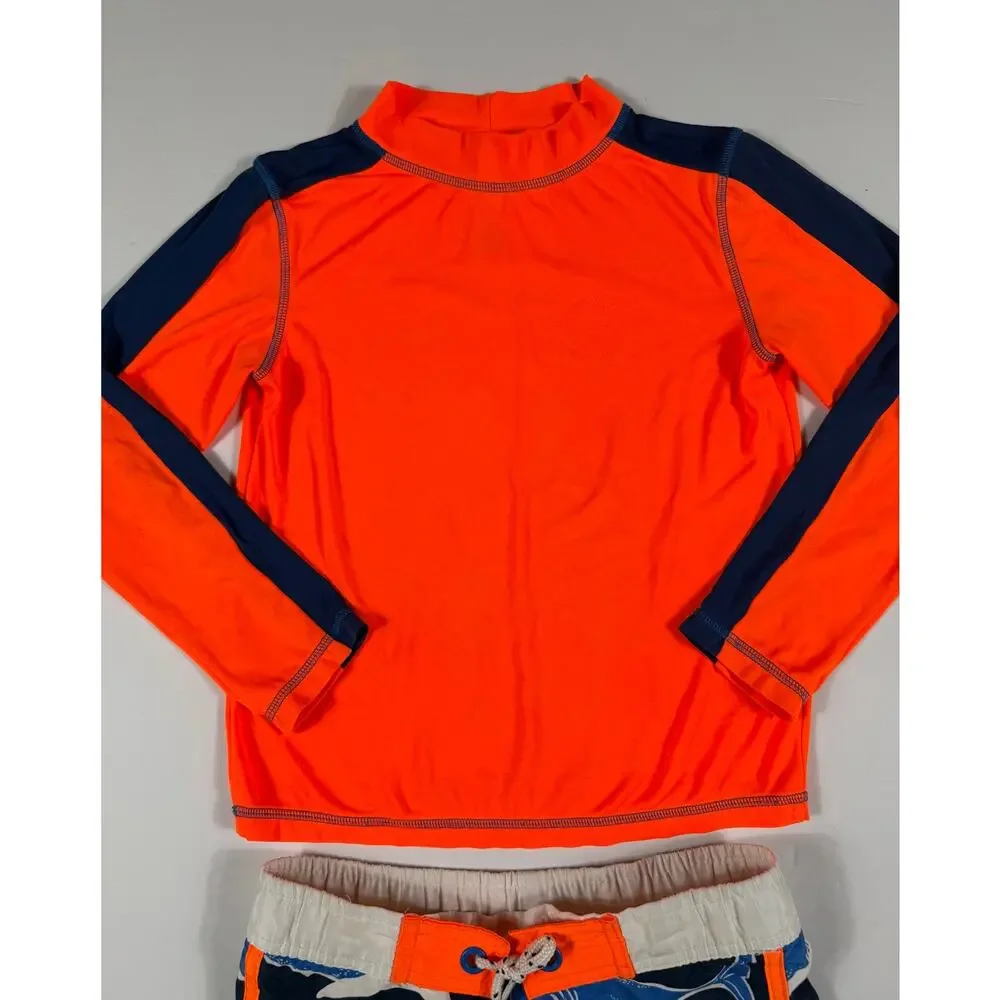Mini Boden Shark Rash Guard Swim Trunks Set Orange Blue Size 6-7 year boys